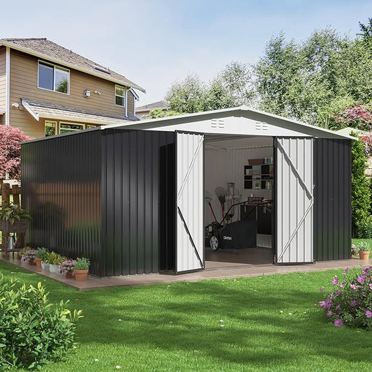 Polar Aurora 12x14 FT Outdoor Storage Shed, Garden Shed with Updated Frame Structure and Lockable Doors, Metal Tool Sheds for Backyard Garden Patio Lawn, White