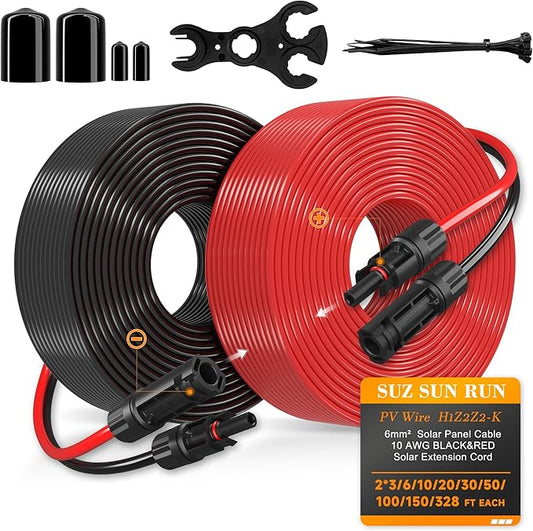 Solar Extension Cable 10 Gauge Panels Wire 10Ft 10AWG (6mm²) PV Wire SJZSUNRUN Tinned Copper Wire with 2 Pairs Solar Connectors for Outdoor Automotive, Marine, (Black&Red)