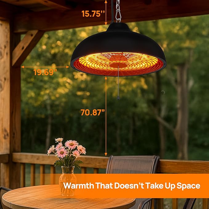 Hanging Patio Heater, Ceiling Mounted, Electric Patio Heater, Built in Temperature Control, Suit for Outdoor/Indoor, Greenhouse, 600W/900W/1500W, Black