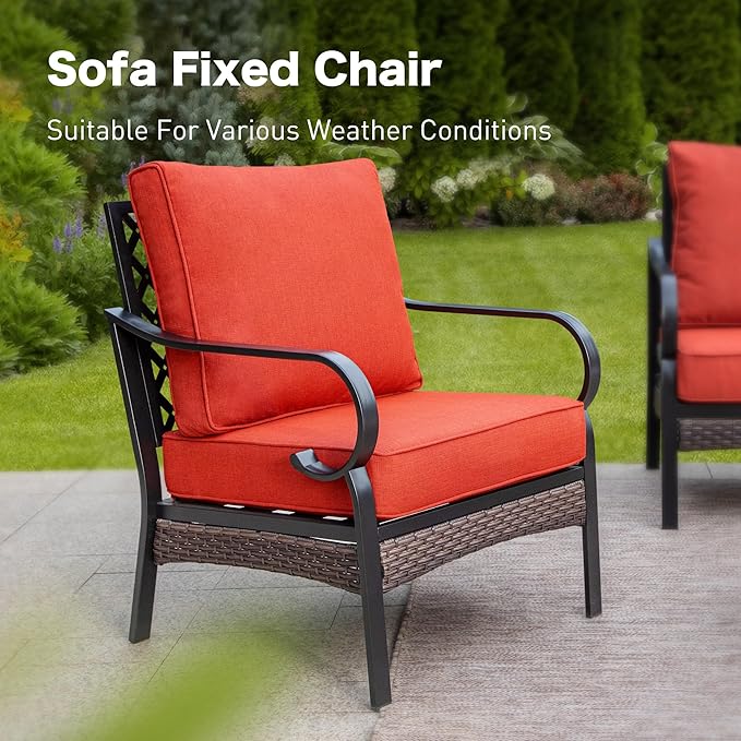 4 Piece Black Metal Outdoor Patio Furniture Sets with Firepit Table, Patio Conversation Sets 1 3-Seater Sofa, 2 Chairs with 5.75" Thick Cushion Backyard Furniture for Deck, Rust Red