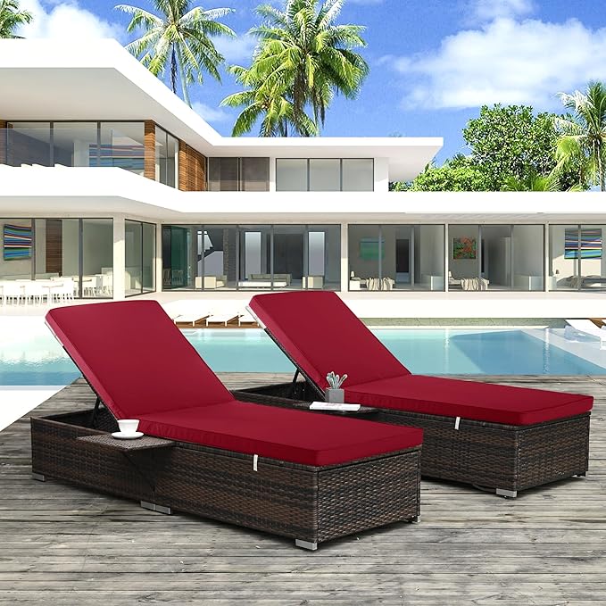 Outdoor Chaise Lounge Cushion Set of 2, Fadesafe Water-Repellent Lounge Deck Reclining Chair Cushions for Patio Furniture Lawn Pool Resort Hotel, 72x21x3 Inch, Burgundy