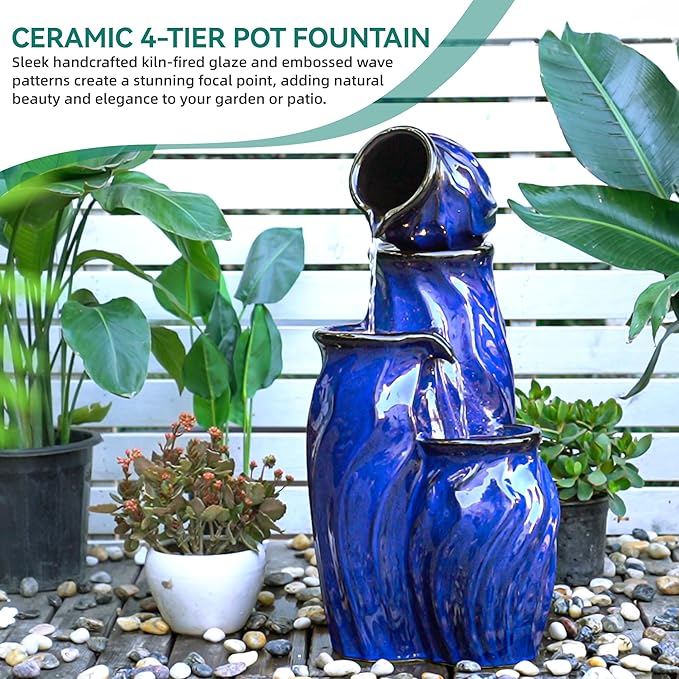 Ultym 29" Ceramic Outdoor Water Fountain, Sleek Cobalt Blue 4-Tier Stacked Waterfall with Wave Design, Weather-Resisant for Garden Patio Yard Porch Decor, Creates Relaxing Serene Oasis