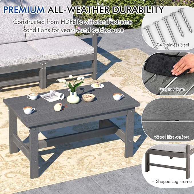 3-Piece HDPE Patio Furniture Set, All-Weather Outdoor Sectional Sofa Set with Coffee Table, Wood-Like Composite Conversation Couch for Deck, Lawn, Balcony - Grey Frame