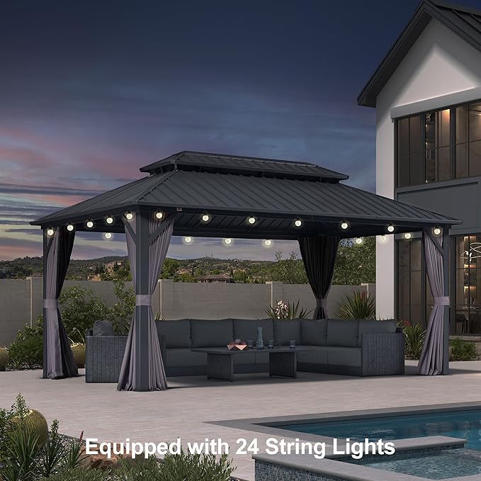 PURPLE LEAF 10'x16' Hardtop Gazebo with Lights Patio Outdoor Pavilion with Galvanized Steel Double Roof Includes Netting and Curtains for Garden Lawn Backyard Grey