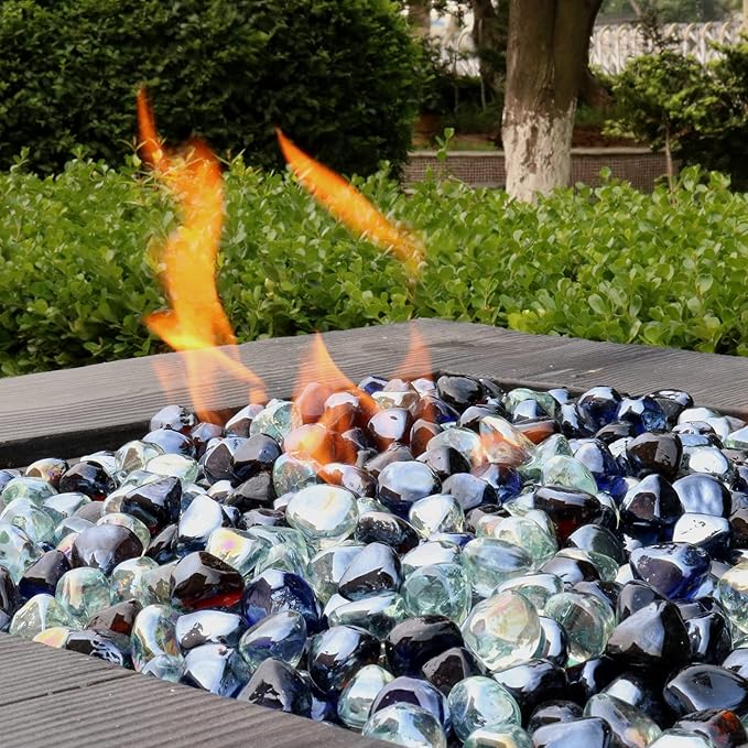 Fire Glass Diamond 1 Inch Fire Pit Glass Rocks for Propane or Gas Fire Pit (Gift Package) (20 Pounds, White/Cobalt Blue/Amber Luster Blend)