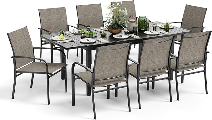9 Pieces Patio Table and Chairs Set, Patio Dining Set for 8, 8 Textilene Chairs and 1 Expandable Patio Dining Table with Umbrella Hole, for Deck Backyard Lawn Poolside, Brown