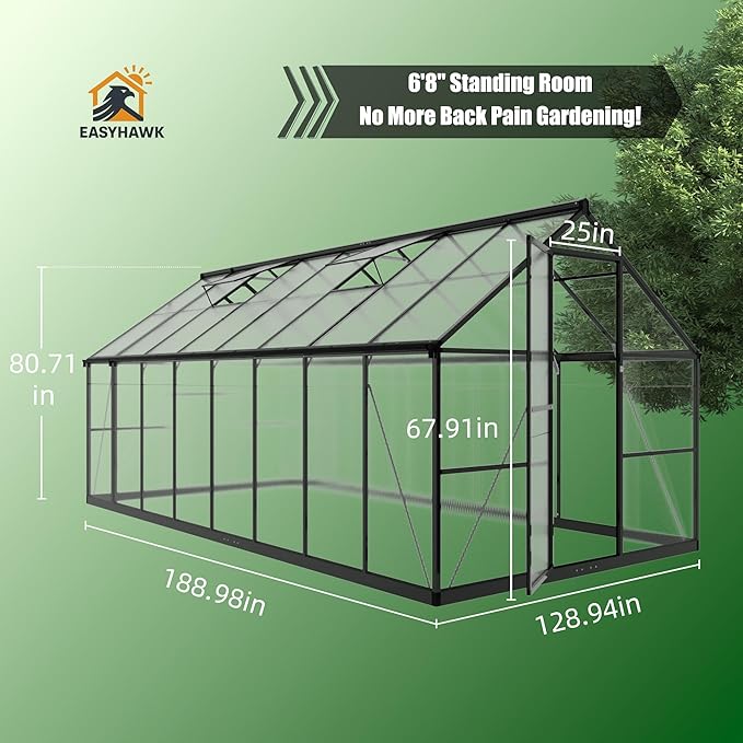 8x16 FT Greenhouse, Polycarbonate Green House with Quick Setup Structure and Roof Vent, Aluminum Large Walk-in Greenhouse for Outside Garden Backyard, Black
