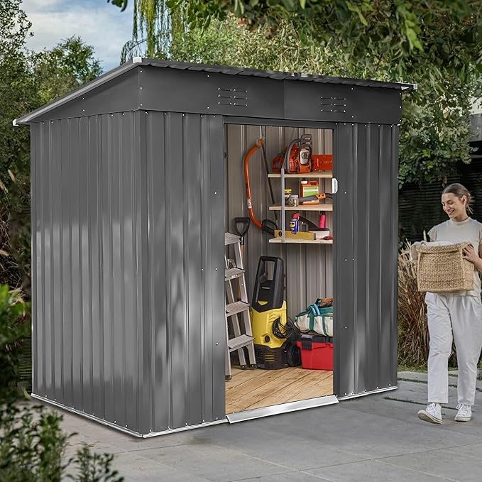 6x4 FT Outdoor Metal Storage Shed with Lockable Door, All-Weather Garden Shed with Sloping Roof & Waterproof Design, Durable Tool Shed for Backyard, Patio, Light Gray