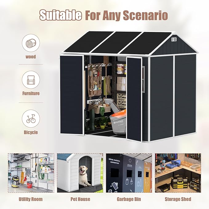Resin Storage Shed 7.5x7ft, Outdoor Storage Sheds with Floor, Two-Window, Lockable Doors and Vents, 12mm Thick pp Board, Large Tool Shed for Bike, Garden, Backyard, Lawn (Dark Gray, 7.5 * 7ft)