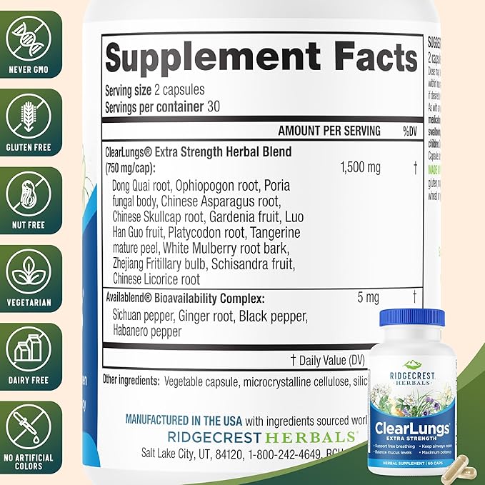RIDGECREST HERBALS Clearlungs Extra Strength New 60 Capsules, 0.02 Pound