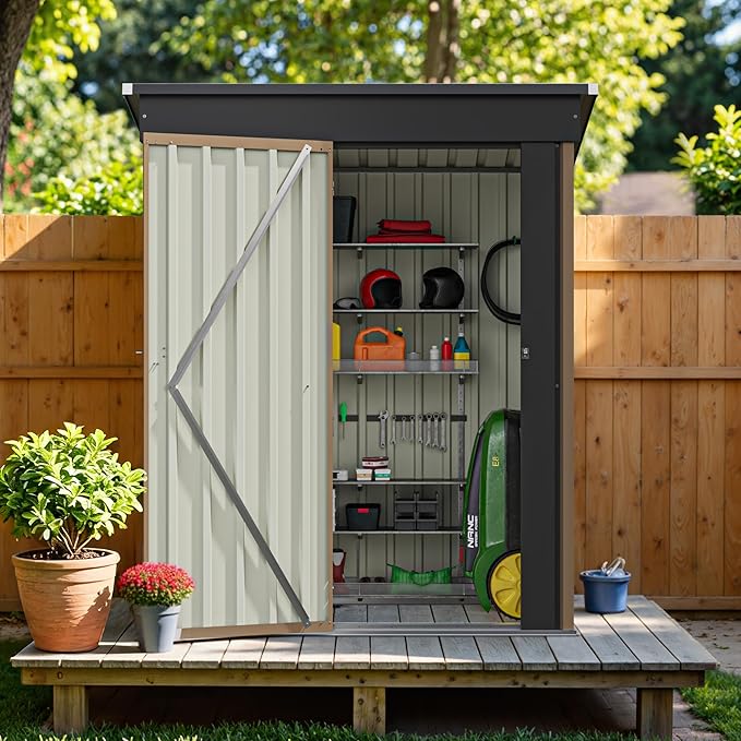 Greesum 5×3FT Outdoor Storage Shed, Metal Patio Storaged Sheds with Lockable Doors, Sheds & Outdoor Storage for Bike, Backyard, Pool and Garden, Brown