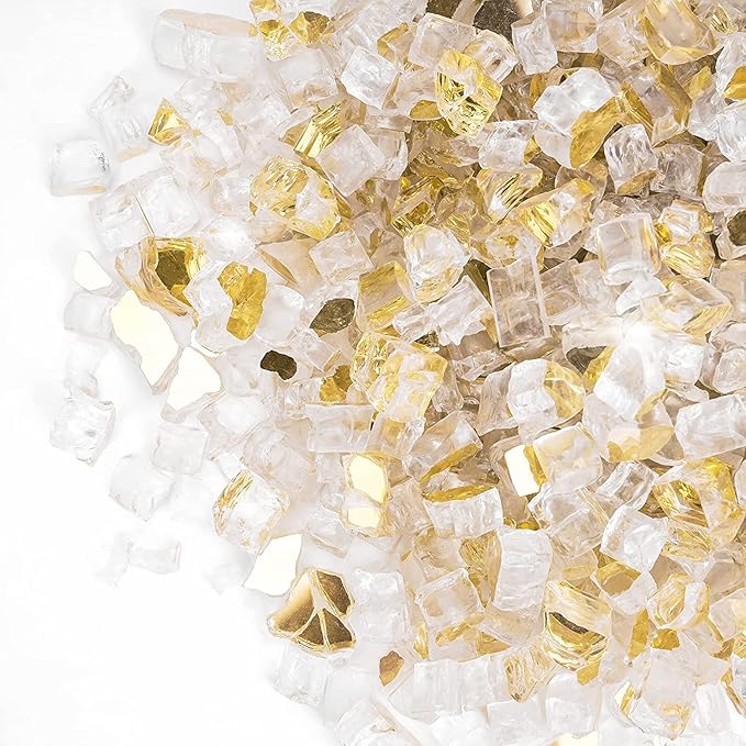 Onlyfire 10 pounds Fire Glass for Propane Fire Pit and Gas Fireplace, 1/4 Inch Reflective Firepit Glass Rocks for Fire Pit Table and Fire Bowl, High Luster Gold