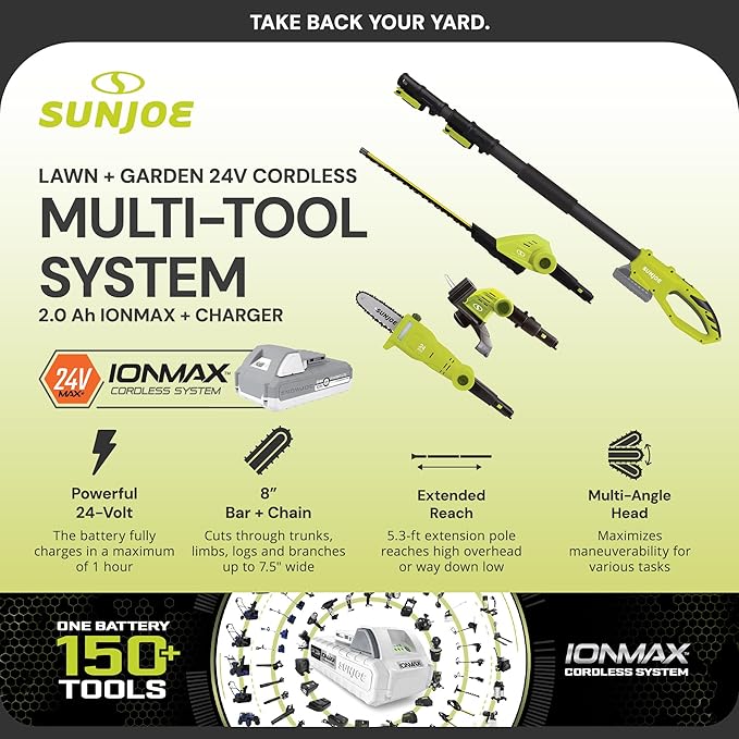 Sun Joe Cordless Lawn Care System, Grass & Hedge Trimmer Combo Power Tool Kit with 8” Pole Saw, Batteries & Charger - Heavy-Duty Trimming Machine Set for Lawn, Yard & Gardening Care, IONMAX GTS4002C