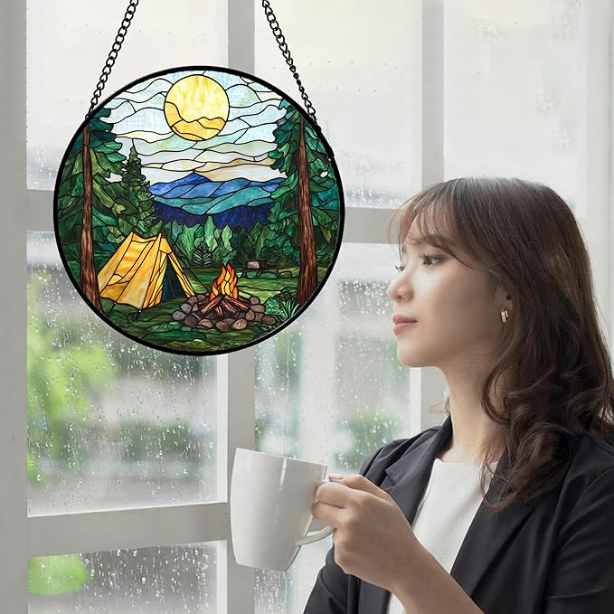 QZQCBLC Stained Glass Window Hanging Yellow Tent Forest Scenery 9.8" - Sunset Suncatcher Door Garden Sun Catcher Home Decor Birthday Christmas for Mom Men Woman Nana Friend