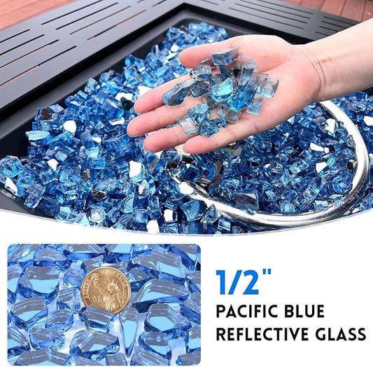 20 Pounds Fire Glass 1/2 Inch High Reflective Tempered Firepit Glass Rocks for Fireplace, Fire Pit Table, Fire Bowl and Landscaping (Pacific Blue)