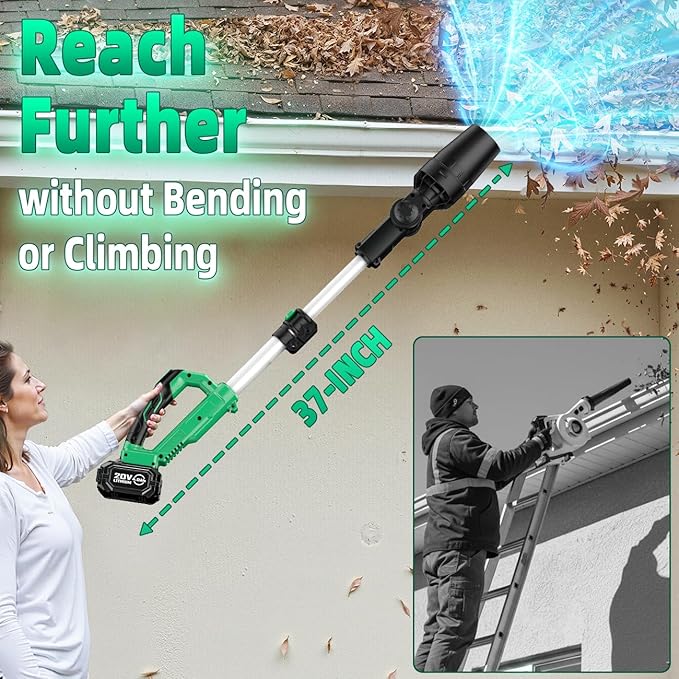 KIMO Leaf Blower Cordless with Battery and Charger, 310000RPM, 37Inch Telescopic Pole, 750CFM 280MPH, 3Speeds w/Smart Panel, Lightweight 2.5Lb, 2PCS 4000mAh Battery Operated Leaf Blower for Gutters