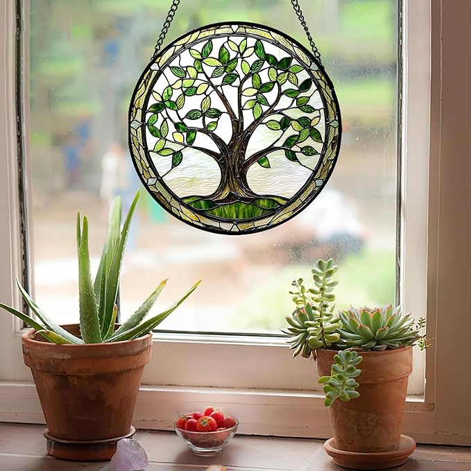 AMDERVEN Stained Glass Window Hanging - Brown Tree Trunk Green Leaves Sun Catcher for Door Garden Home Decor Plant Suncatcher Christmas Mother's Day Birthday Gifts for Women Men Mom Nana 11.8 in