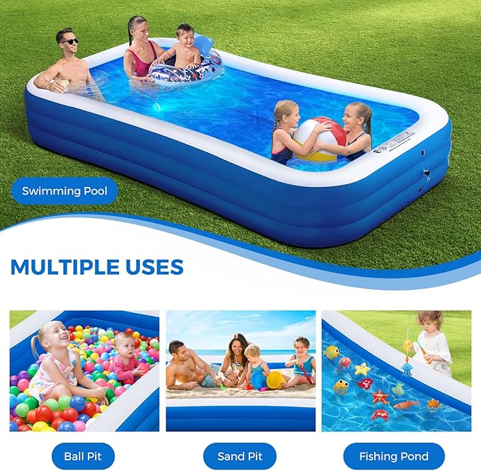 Inflatable Swimming Pool with Pool Lights, 130" x 72" x 22" Full-Sized Large Inflatable Family Pool, Summer Water Party, Outdoor, Garden Backyard, Suitable for Adults