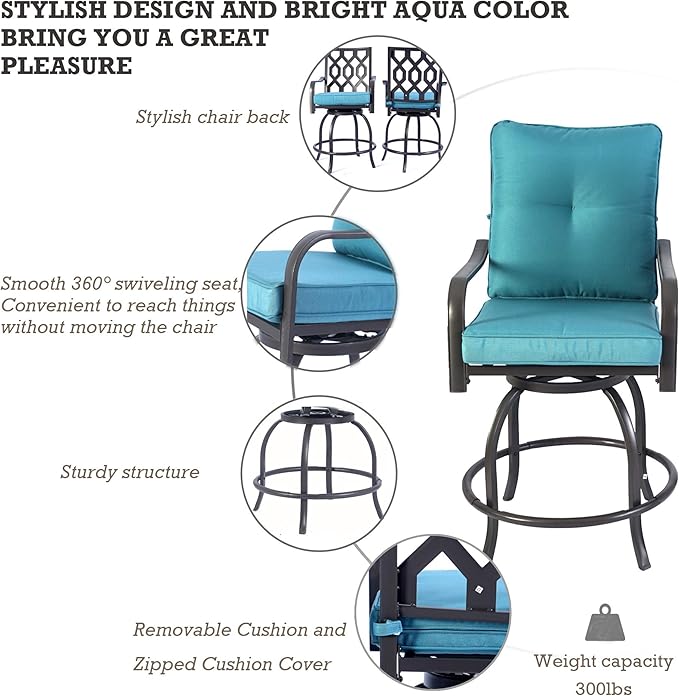 Kozyard Isabella Outdoor Patio High Swivel Bar Stools/Chairs,Counter Height Tall Patio Swivel Chairs, for Bistro Set for 2, Backyard, Cafes, Bistro, Restaurants and Chic Bars (Aqua)