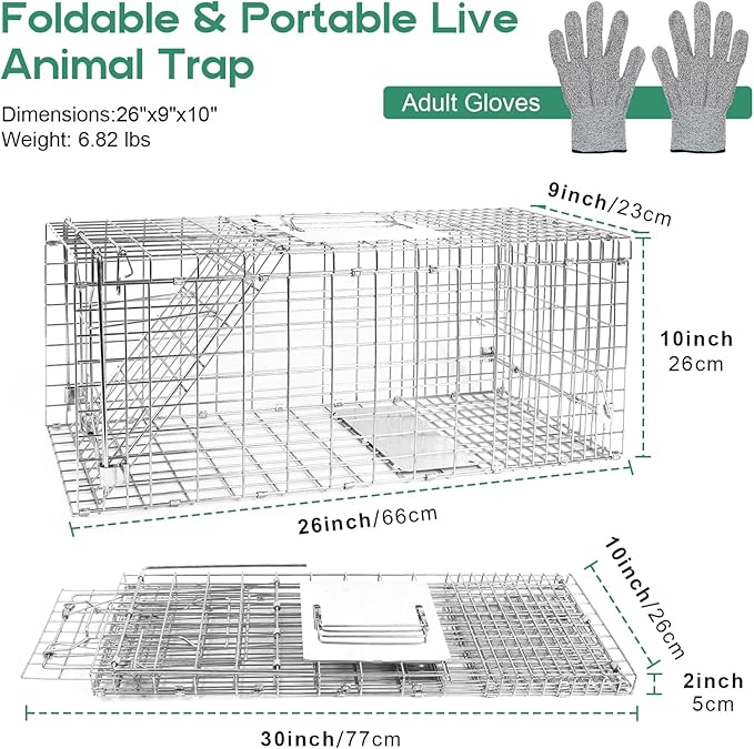 Humane Live Animal Trap Cage 26" × 9" × 10",Heavy-Duty Live Catch Cage for Raccoon, Squirrel, Stray Cats, Groundhogs, Armadillos, Opossums, Rabbits, Skunk, Mole, Small Wildlife Control