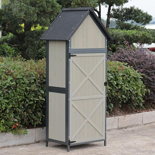 Outdoor Sheds Storage, 2.5x5.6FT Vertical Storage Sheds, Wooden Sheds with Metal Frame, Large Capacity Storage, Box for Backyard Garden Patio Lawn (Gray)