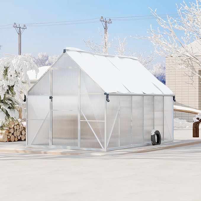 Polycarbonate Greenhouse for Outdoors, Large Walk-InGreenhouse with Quick Setup Structure and Roof Vent, Greenhouse with Ventilation