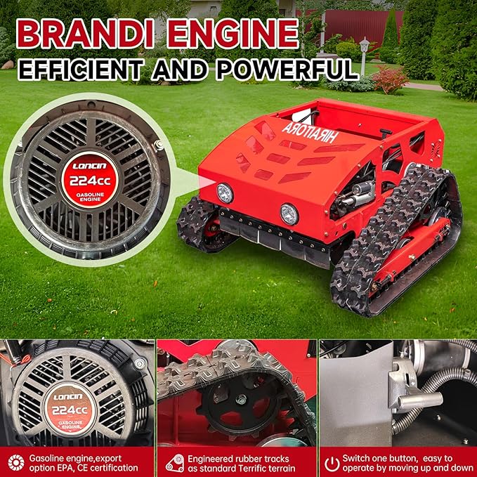 Remote Control Lawn Mower — 9HP Gas-Electric Hybrid Crawler, 4WD All-Terrain, 200m Remote, 45° Slope Capable, Adjustable Cutting Height, Factory-Direct Support