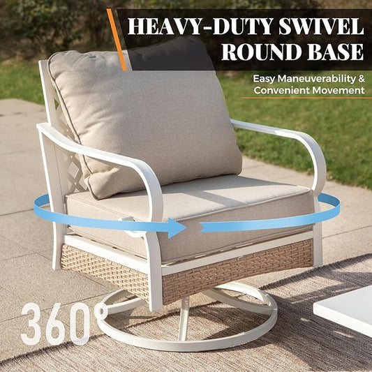 5 Piece Patio Furniture Set, 2 x Swivel Chair, 1 x 2-Seat Sofa, 1 x 3-Seat Sofa with Marbling Coffee Table, All Cushioned 7 Seats Outdoor Conversation Set for Lawn Garden Backyard, Beige