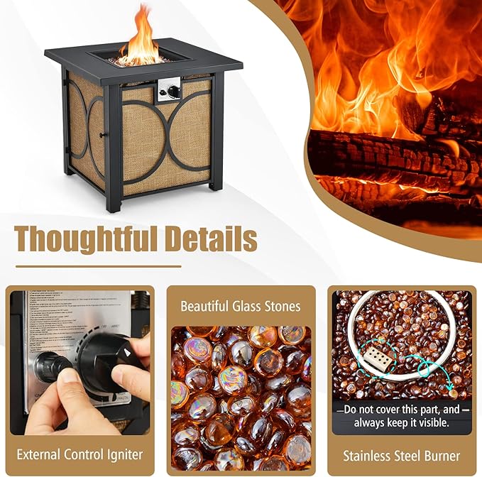 Giantex 28” Outdoor Fire Pit Table - 50,000 BTU Square Metal Fire Table with Lid, PVC Cover, Glass Stones, CSA Approved, 2-in-1 Ignition Propane Gas Fire Table for Outside Patio Garden Backyard Deck