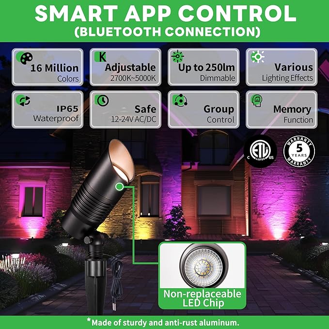Varmtalys Landscape Spot Lights Outdoor Changing Colors - Smart App Based Spotlights, LED Low Voltage Accent Lights, Outdoor Waterproof 12V Wired, All Metal Aluminum Black for Fountain Sign 12 Pack