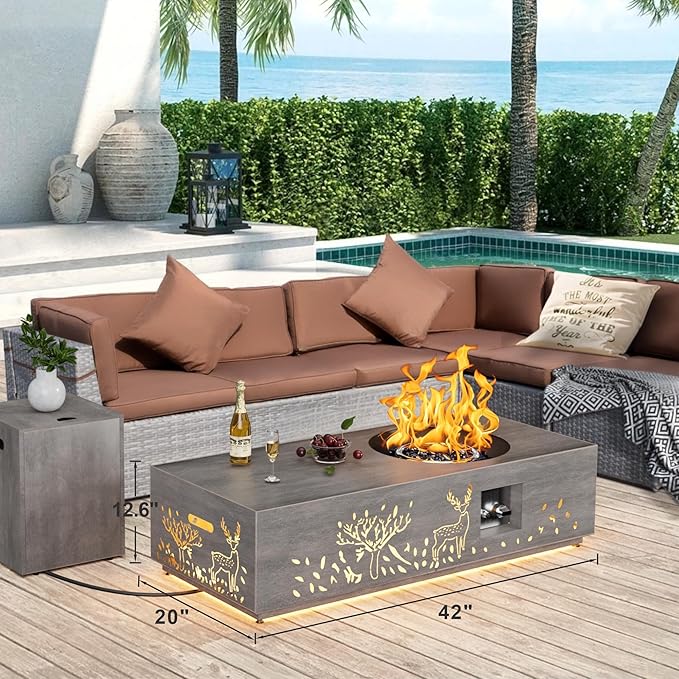 48 inch Propane Fire Pit Table LED, 2 in 1 Rectangular Outdoor Fire Pit with 20lb Tank Cover, Outside Patio Deck and Garden, Gas Fireplace Table with Lid and Stone, 50,000 BTU Adjustable Flame