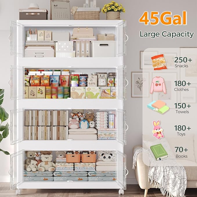 225Gal Stackable Storage Bins with Lid, 900Qt Extra Large Collapsible Storage Box with Doors and Wheels, Plastic Closet Organizer and Storage Cabinet Drawer For Home Kitchen, 5Pack White