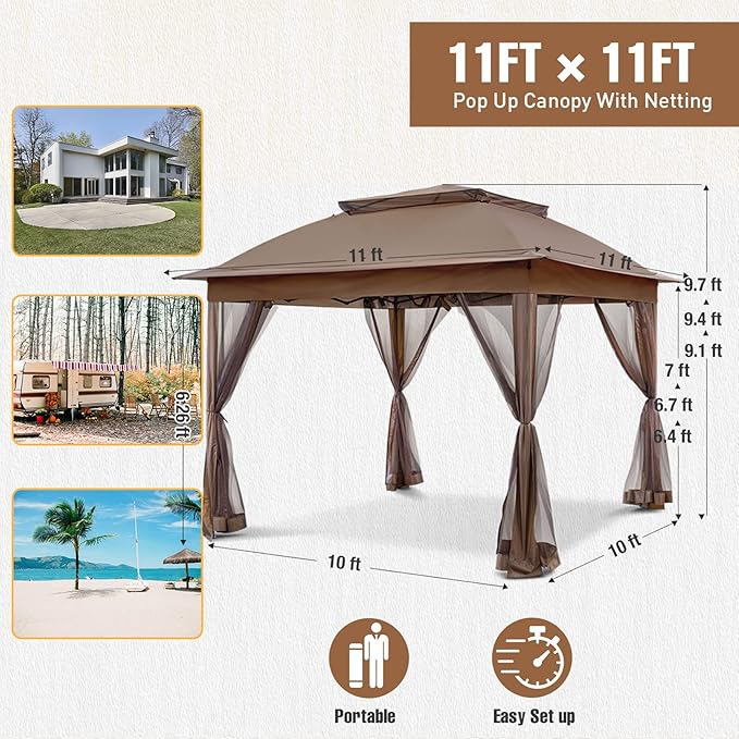 INTER HUT 11x11 Outdoor Pop up Gazebo Tent with Mesh Walls for Patio, Lawn, Backyard and Deck, Brown