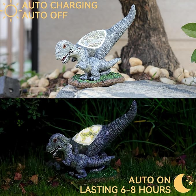 Rezpuao Garden Statue Dinosaur,Solar Dinosaur Decor for Outdoor,Resin Dinosaurs Figurine with Solar Light for Patio,Balcony,Yard,Lawn Ornament,Perfect Garden Gift