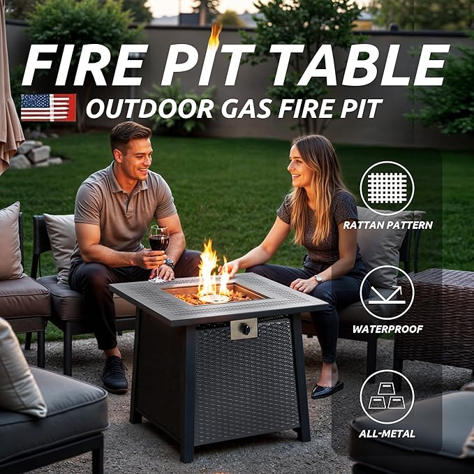 Propane Fire Pit Table,Out Door Fire Pits & Fireplaces,Gas Fire Pit with Lid and Lava Rock.Square Black Fire Pit Table on Patio Deck & Garden Backyard. (Raven‌ Black, 28-inch)