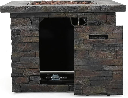 Outdoor Propane Fire Pit Table, 33 Inch Square MGO Concrete Fire Pit with Lava Rocks, Smokless Fire Table for Outside Patio, Garden, Backyard, 40,000 BTU, Tank Inside, Stone Gray