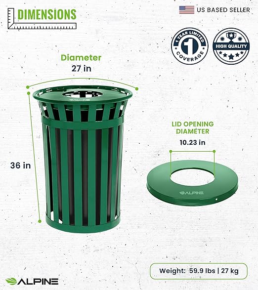 Alpine Commercial Outdoor Trash Can - 38 Gallon Heavy Duty Green Recycle Garbage Can with Liner, Open Top Lid, All Weather Resistant Large Outside Trash Can for Parks, Parking, School