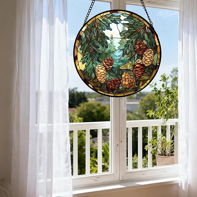 QZQCBLC Stained Glass Window Hanging Forest Pine Cone Landscape 9.8" - Green Suncatcher Door Terrace Garden Sun Catcher Home Decor Birthday Christmas for Mom Men Woman Wife