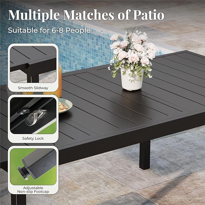 7 Pieces Patio Table and Chairs Set, Patio Dining Set for 6, 6 Textilene Chairs and 1 Expandable Rectangle Table with Umbrella Hole, for Deck Backyard Lawn Poolside, Brown