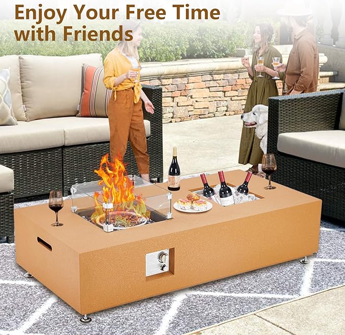 56 Inch Propane Fire Pit Table, Outdoor Gas Fire Pit for Patio with 50,000 BTU, Large Rectangular Fire Table Coffee Dining Bar Table, Firepit for Outside Deck Backyard，Yellow