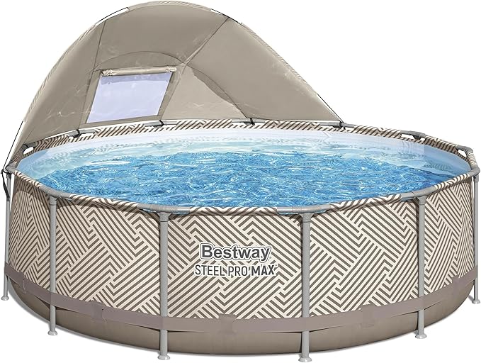 Bestway Steel Pro MAX 13' x 42" Above Ground Pool, Round Metal Frame Outdoor Swimming Pool Set with Canopy, Filter Pump, Ladder, and Cover, Taupe