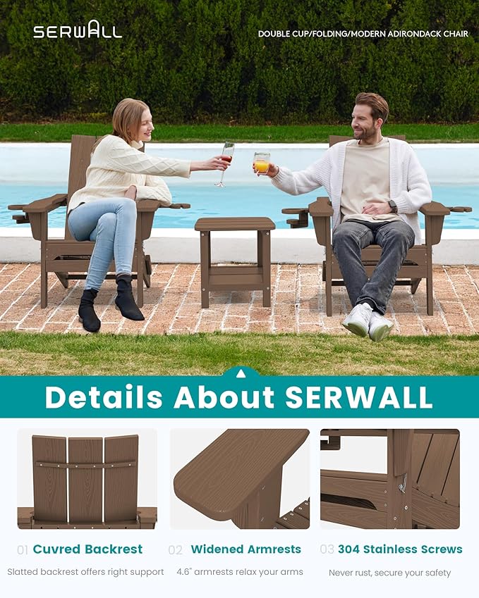 SERWALL Modern Adirondack Chair, Folding Adirondack Chair with Cup Holders, Outdoor HDPE Fire Pit Chair for All Weather Use, Brown