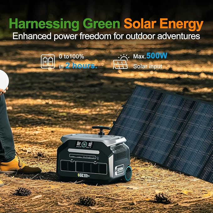 IEE 3200W Portable Power with 3x200W Solar Panel,Large Capacity,3200W/2048mAh,Iron Phosphate,Portable Battery,1.2 Hours Full Charge, AC 3200 W, Instant Maximum 6400W,14 Output Ports.