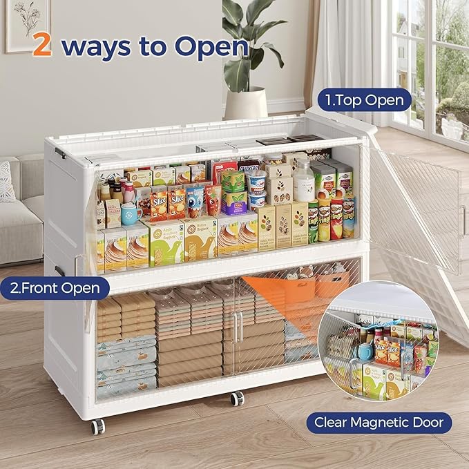 960QT Extra Large Storage Bins with Lid and Wheels, 240Gal Stackable Closet Organizers and Storage Cabinet, Collapsible Storage Box with Doors for Home Kitchen Office Dorm, 3Pack White Clear