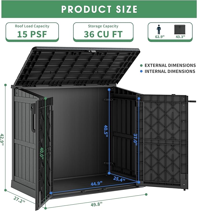 36 Cu Ft Resin Outdoor Storage Shed, Weatherproof Horizontal Outdoor Storage Cabinet with Dual Lock Door for Backyard, Patio, Garage, Garden(Black)