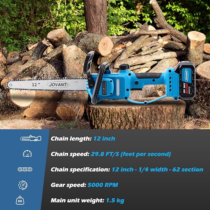 JOVANT 12 Inch Electric Chainsaw Cordless, 20V Battery Powered Cordless Chain Saw, Chainsaw with 1 * 4.0Ah Battery and Charger for Wood Cutting, Tree Trimming and Branch Pruning