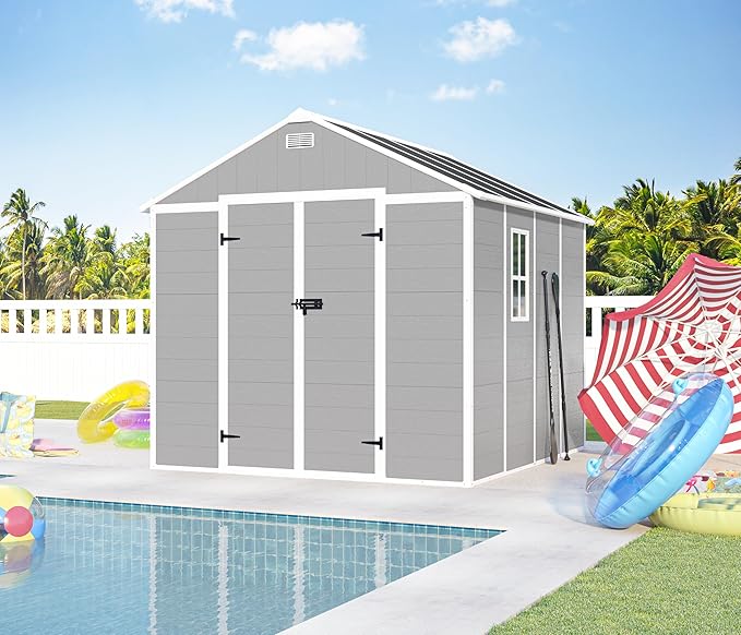 8X8 FT Resin Outdoor Storage Shed, Plastic Garden Sheds with Floor to Store Patio Furniture, Gardening Tools, Outside Patio Storage House with Window &Lockable Door for Backyard, Lawn, Grey