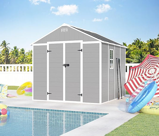 8X8 FT Resin Outdoor Storage Shed, Plastic Garden Sheds with Floor to Store Patio Furniture, Gardening Tools, Outside Patio Storage House with Window &Lockable Door for Backyard, Lawn, Grey