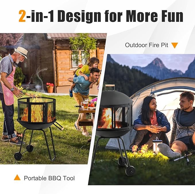 HAPPYGRILL 28” Outdoor Fire Pit, Rolling Patio Wood Burning Firepit with Lockable Doors, Fire Poker, Pine Wood Handle & Wheels, Heavy Duty Fire Pit for BBQ Entertaining Camping