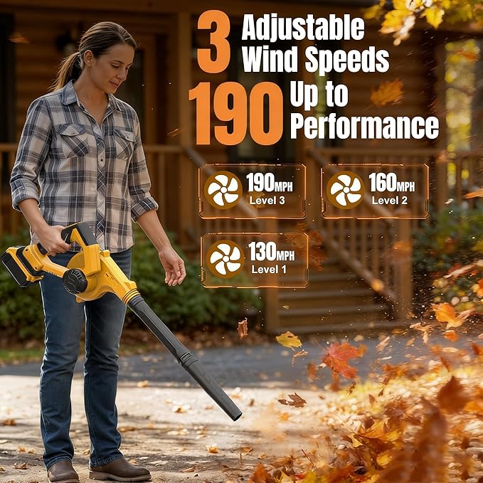 DeForce Electric Leaf Blower Cordless for Dewalt 20V Max Battery, 4 in 1 Blower/Vacuum/Inflator/Deflator(3 Nozzles), 3 Speed Modes, 190 MPH, Extended Tube for Leaves, Lawn Care, Patio(No Battery)